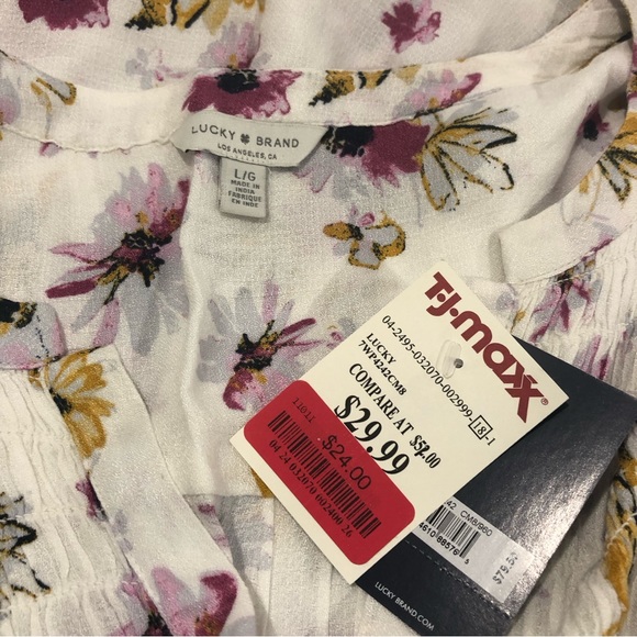 Lucky Brand women’s top large. White with gold and purple flowers. NWT. - Picture 4 of 6